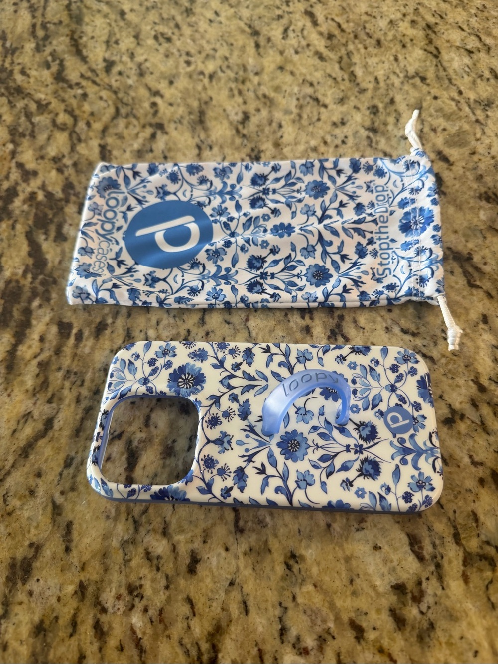 Loopy Case Blue and White Floral Phone Case with Matching Pouch and Loop Grip